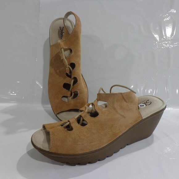 Skechers Memory Foam Sandals Wedge Heel‎ Tan Suede Leather  Women's Size 8 - Picture 1 of 7